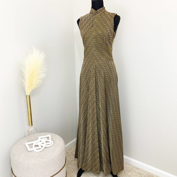 70s Metallic Maxi Dress Gold and Black with Psychedelic Waves size XS S - Picture 1 of 7